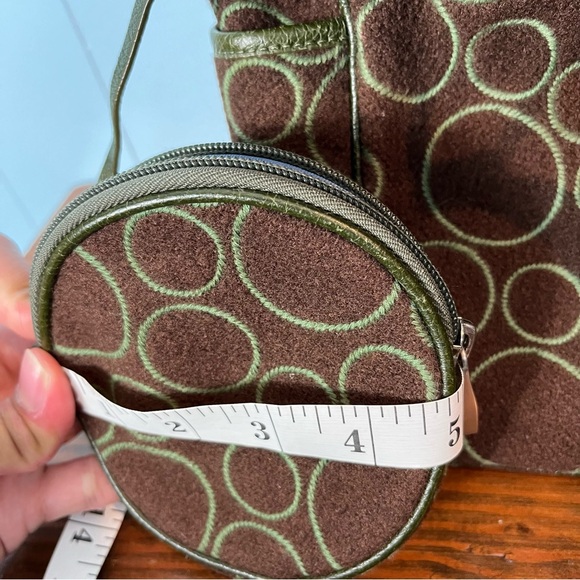 TUMI Wool Leather Trim Tote Shoulder Bag and Wallet Brown Green 13"x9.5" Circles - Picture 13 of 16